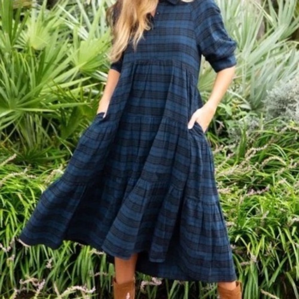 Natural Life Plaid Tiered Midi Dress Navy Black Cotton Short Sleeve Pockets M v2